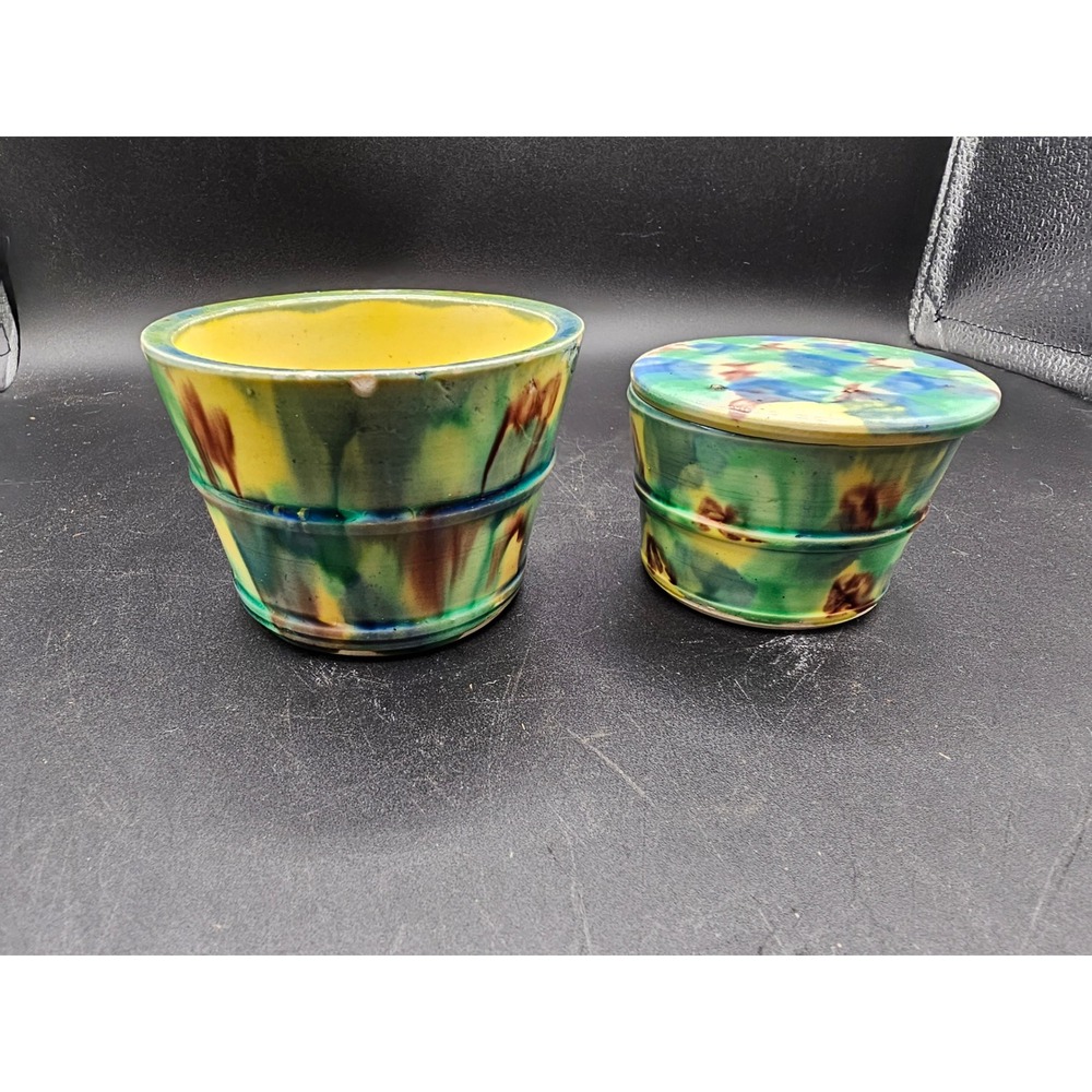 Vintage Studio Pottery Hand Glazed Ceramic Pots Set of 2 Green Yellow Blue